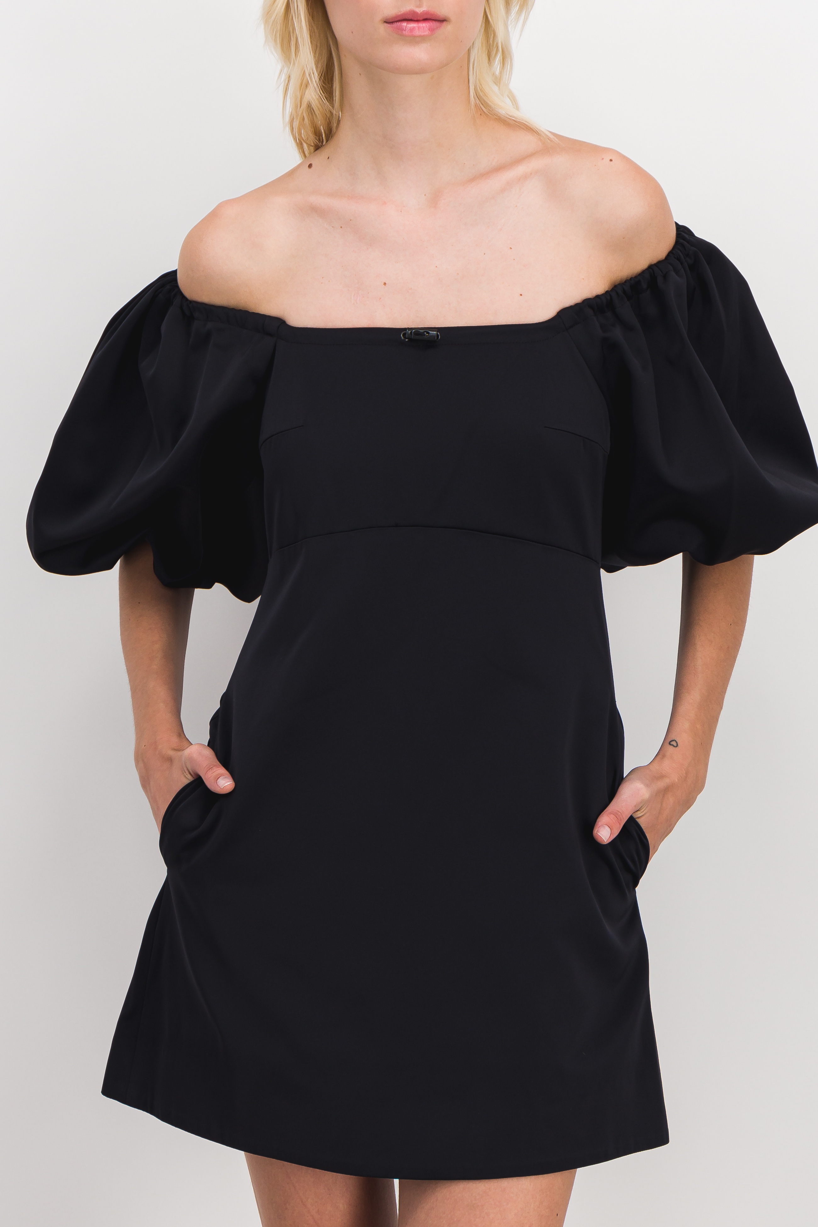 Shop Patou Drawstring Mini Dress With Puff Sleeves In Black