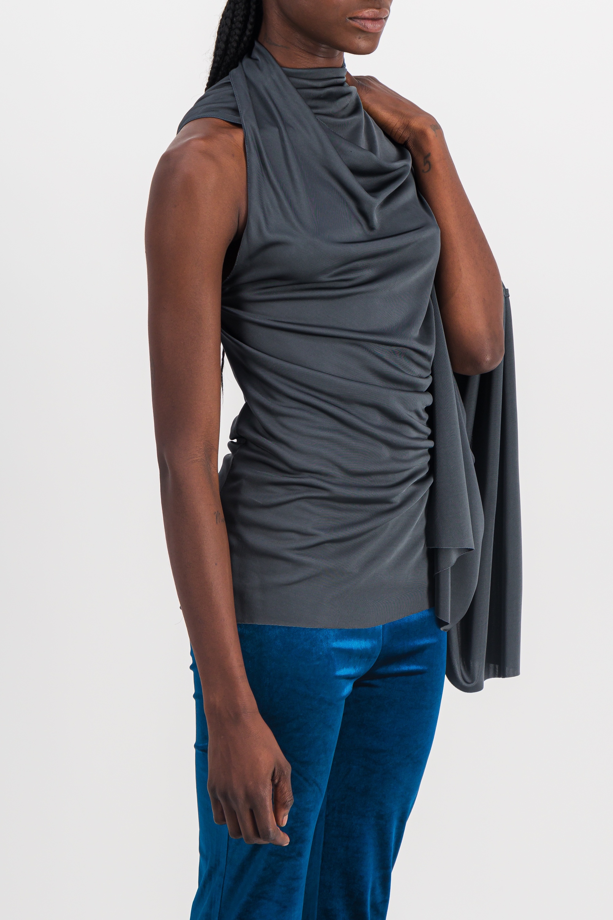 Shop Atlein One Sleeve Draped Shiny Top In Grey