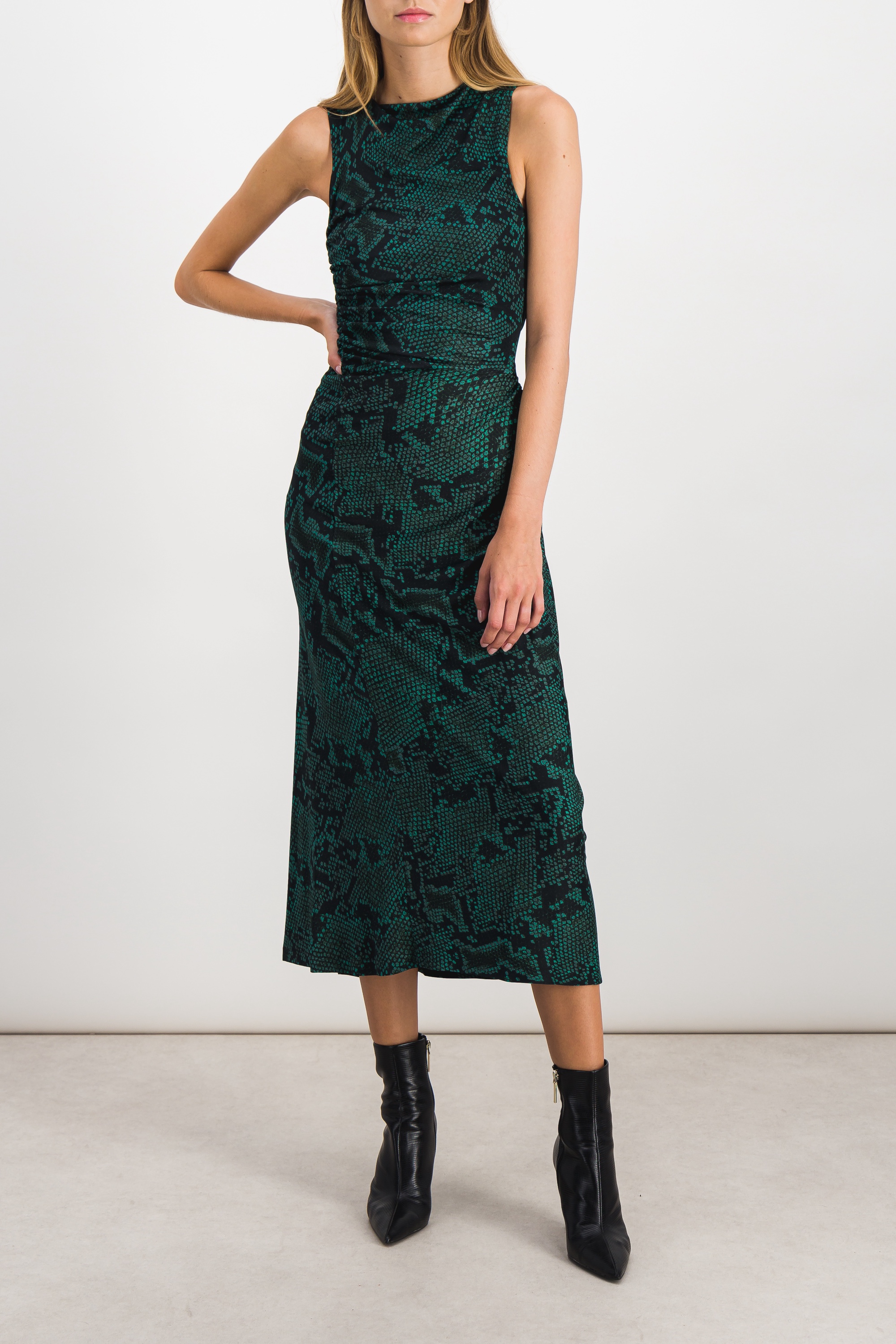 Atlein Asymmetric Green Snake Printed Sleeveless Draped Maxi Dress