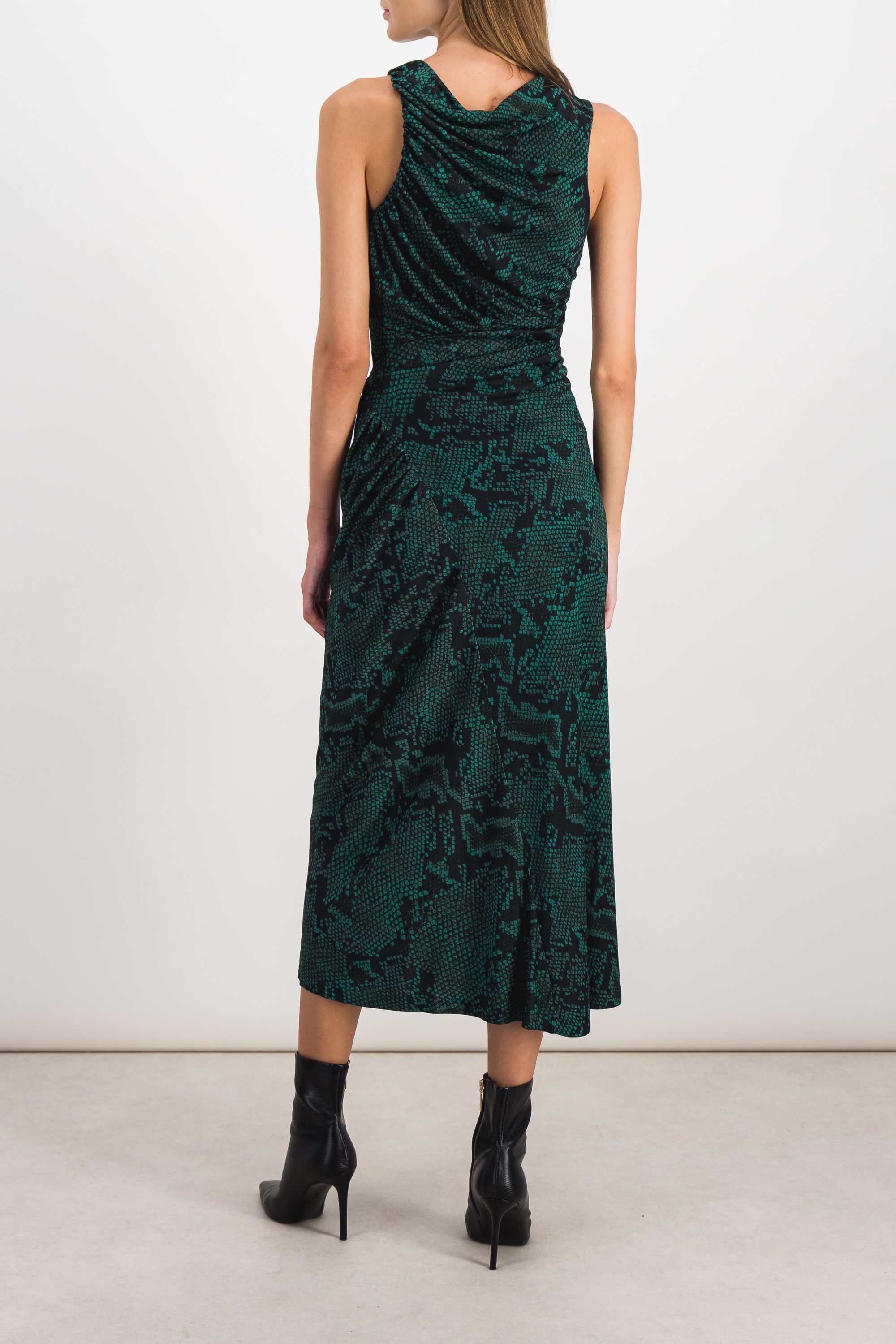 Shop Atlein Asymmetric Green Snake Printed Sleeveless Draped Maxi Dress