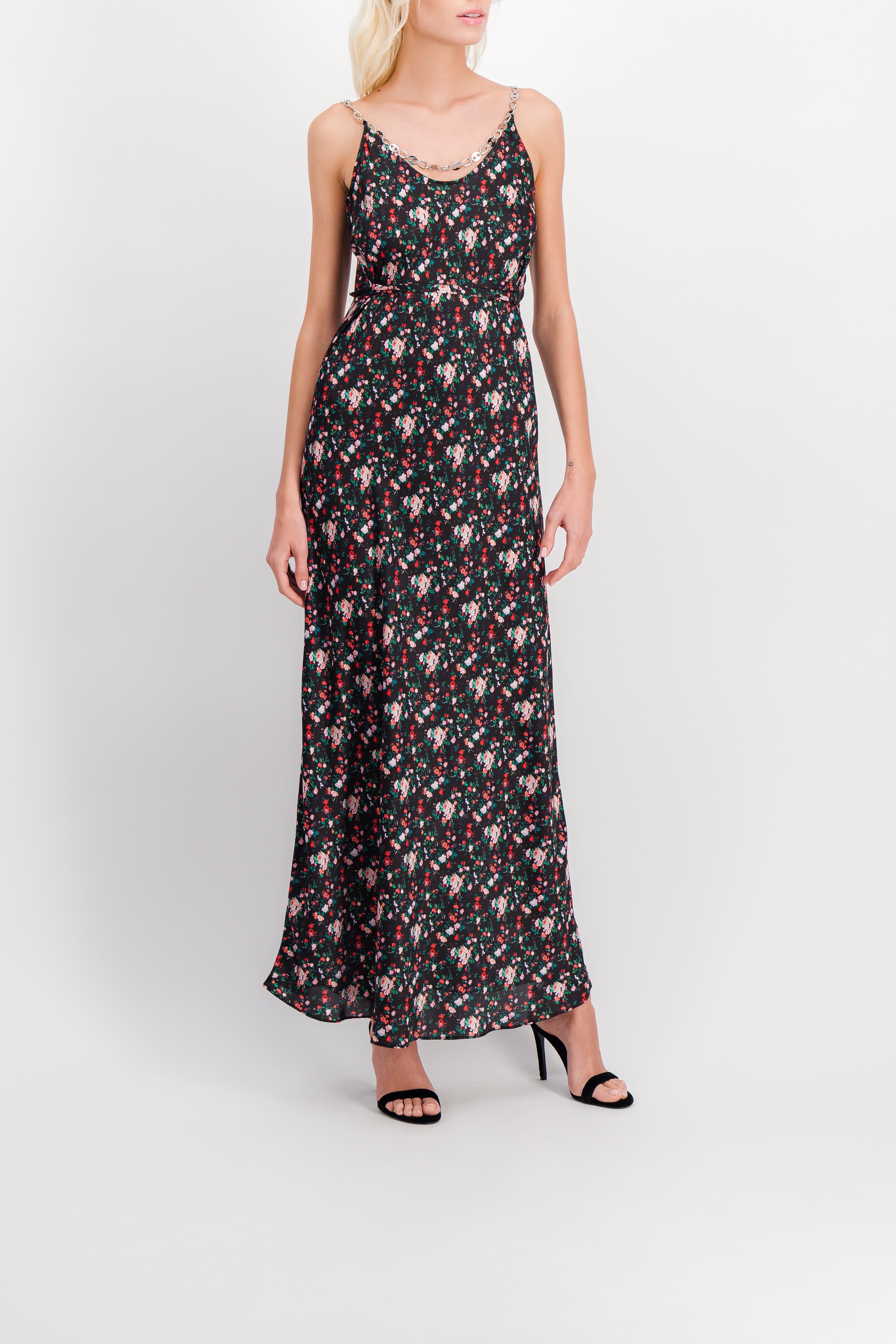 Shop Paco Rabanne Floral Print Fluid Maxi Dress With Chain-link In Pink