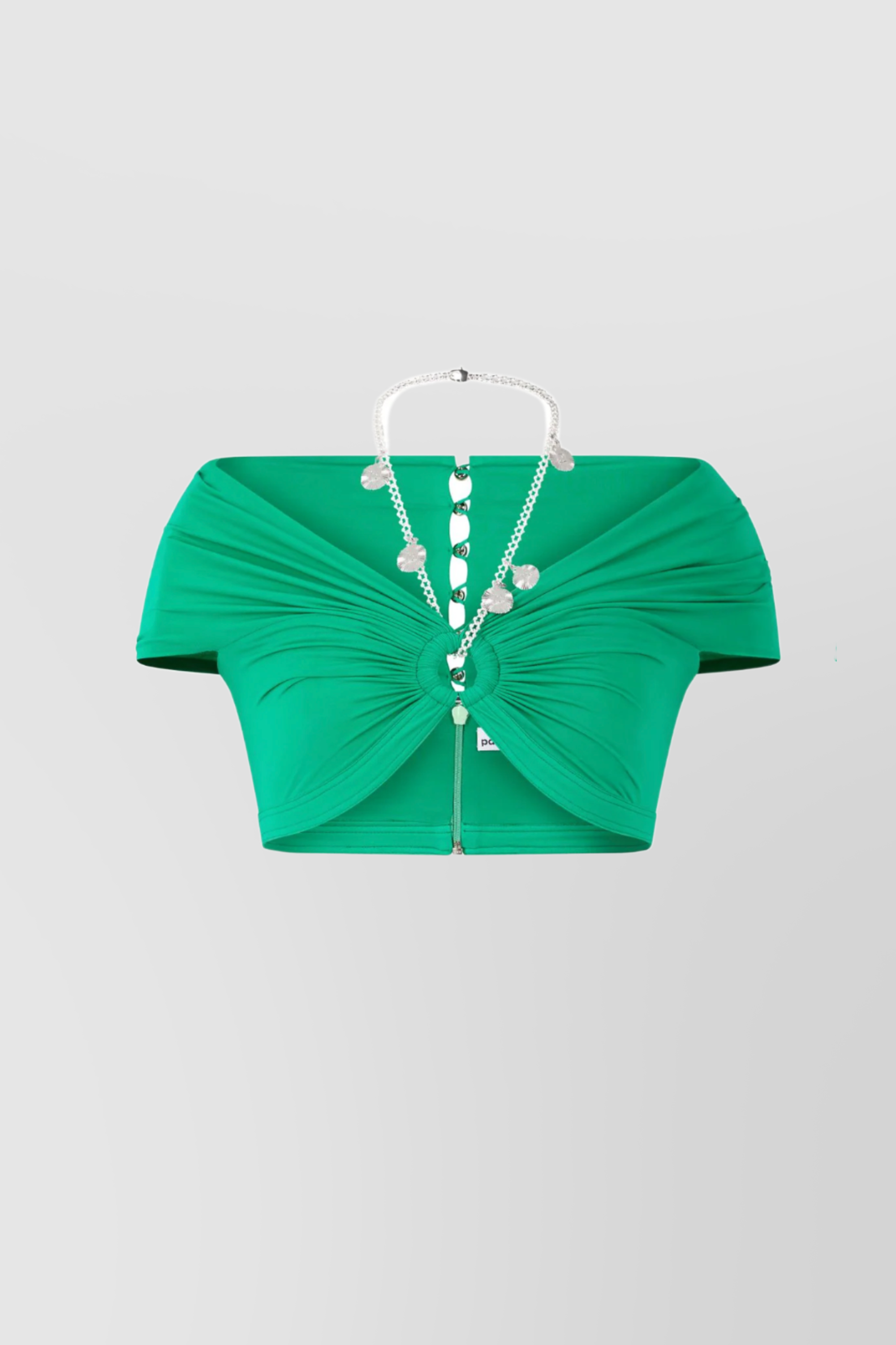 Rabanne Chain-detail Gathered Crop Top Off-shoulder In Green