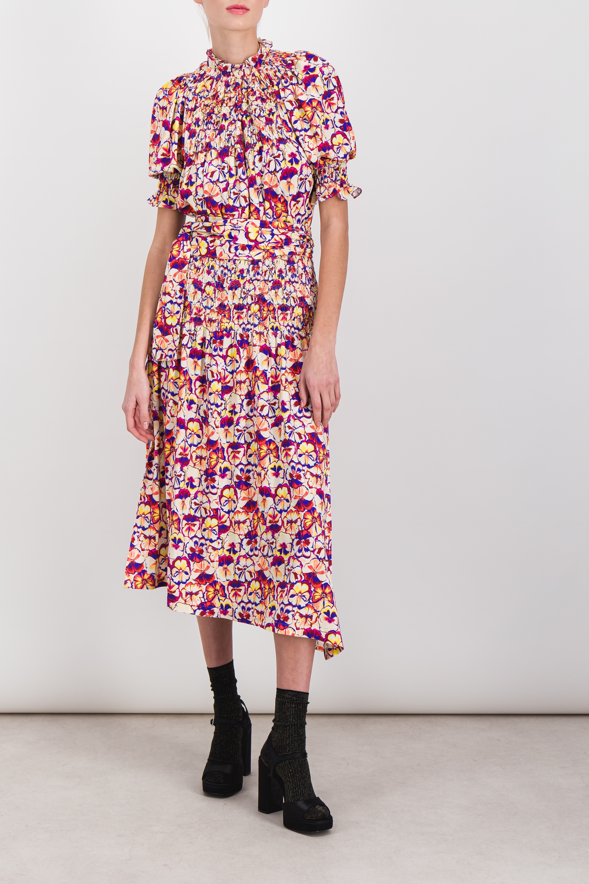 Shop Rabanne Flower Printed Jersey Shortsleeved Midi Dress In Multicoloured