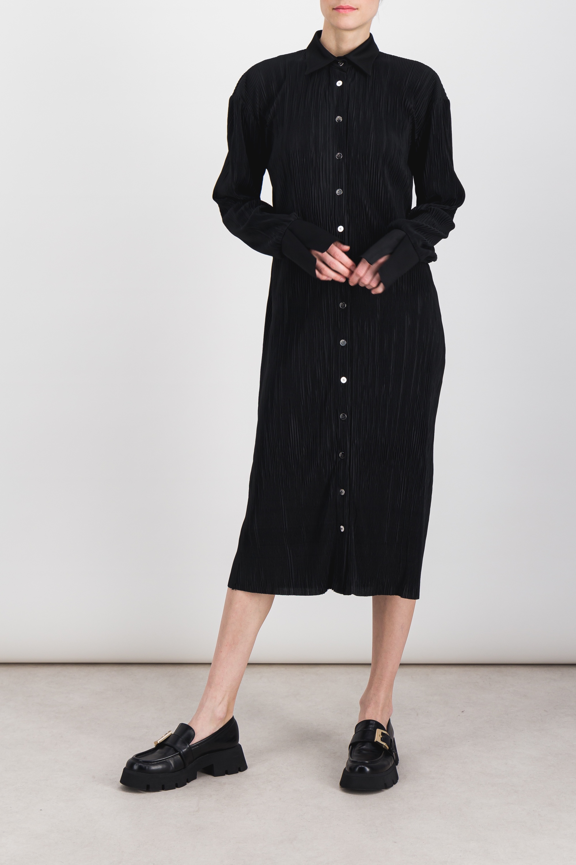 Shop Atlein Pleated Recycled Jersey Satin Longsleeved Midi Shirt Dress In Black