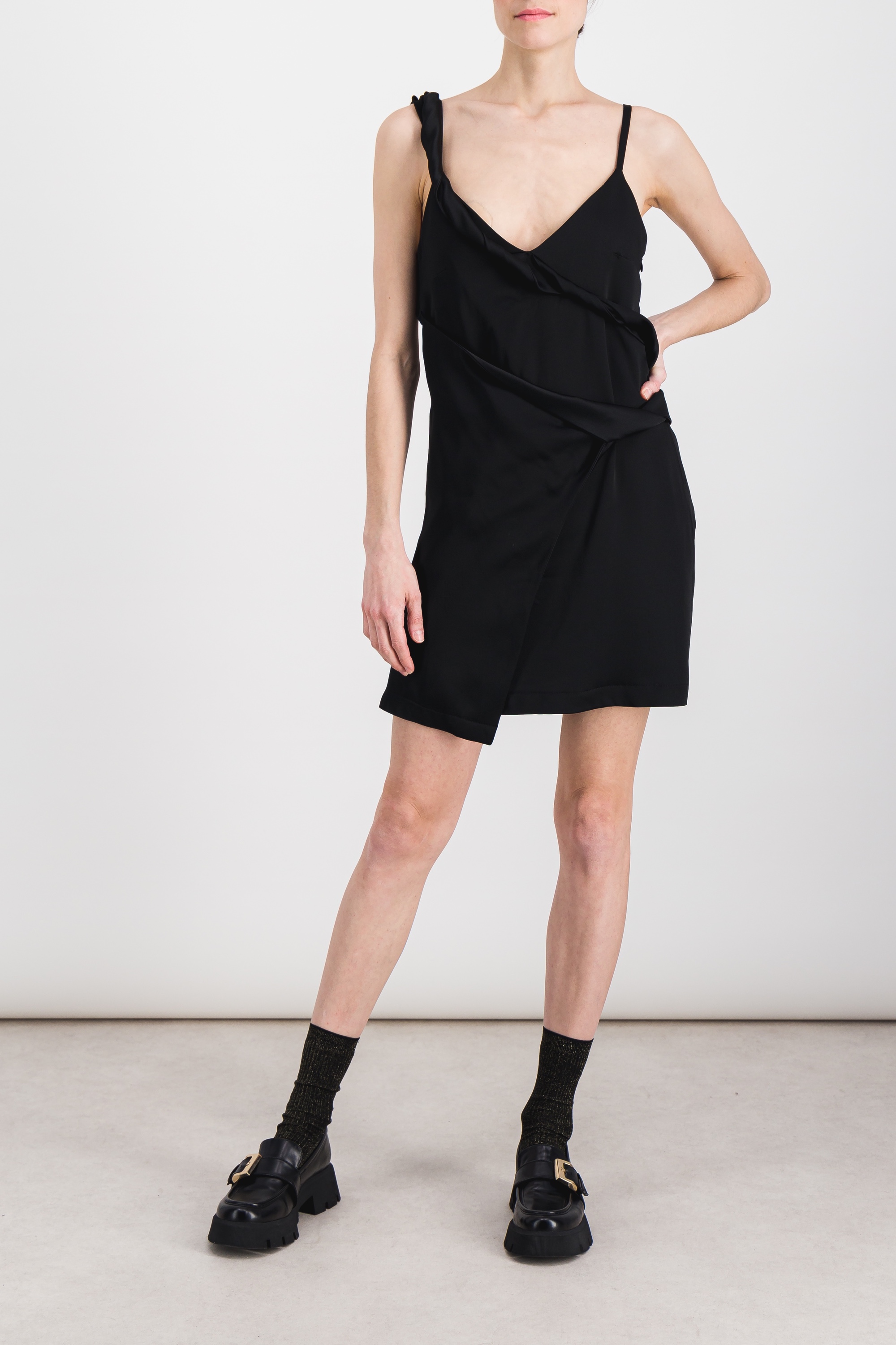 Shop Atlein Asymmetric Straps Draped Crêpe Satin Mini Dress In Black