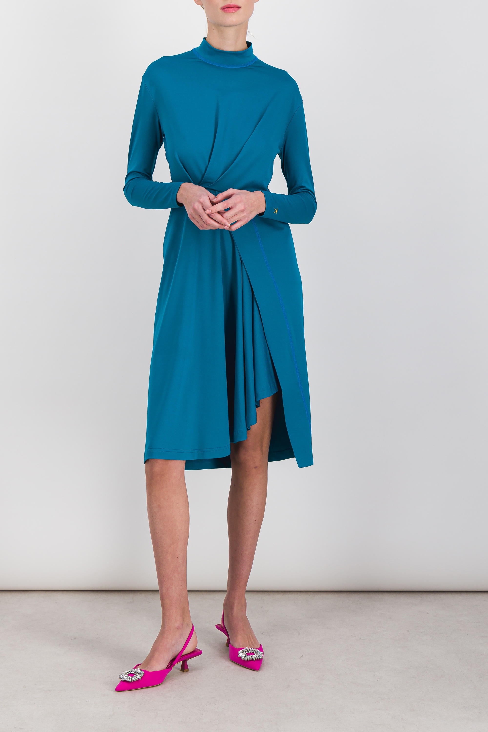 Shop Atlein Draped Long Sleeved Recycled Jersey Midi Dress In Blue