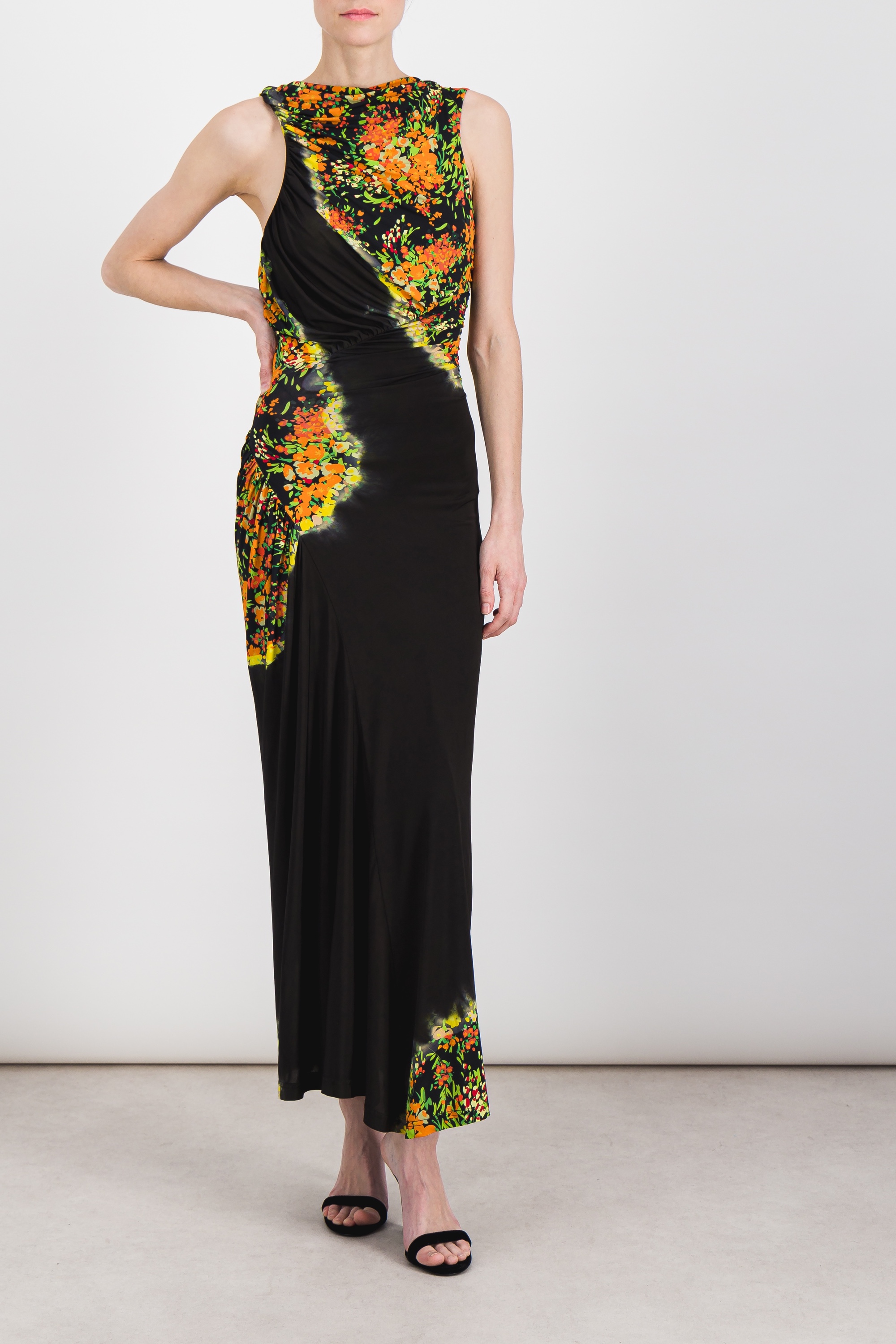 Shop Atlein Printed Ruched Jersey Maxi Dress In Black