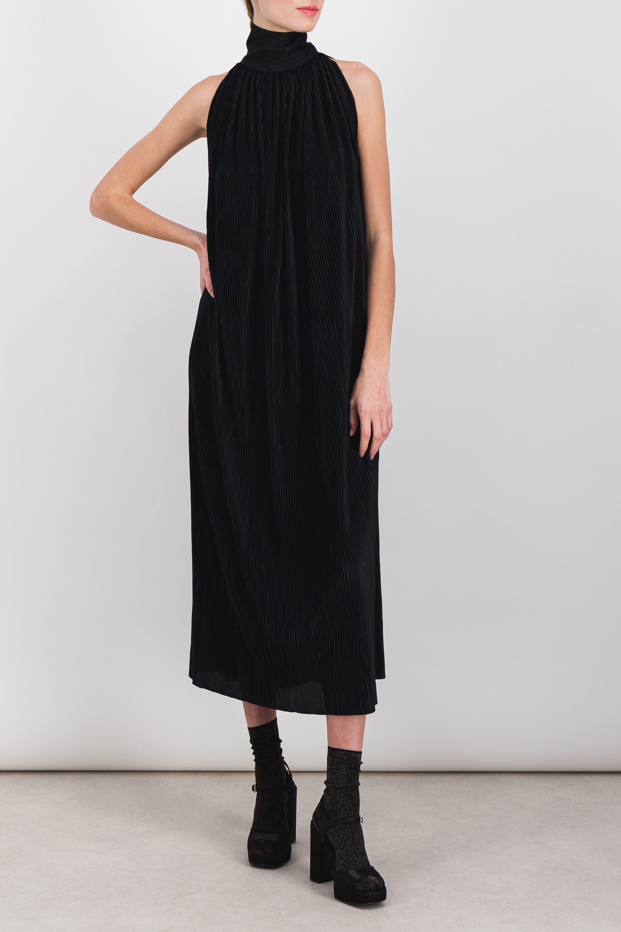 Shop Atlein Pleated Recycled Jersey Halterneck Maxi Dress In Black
