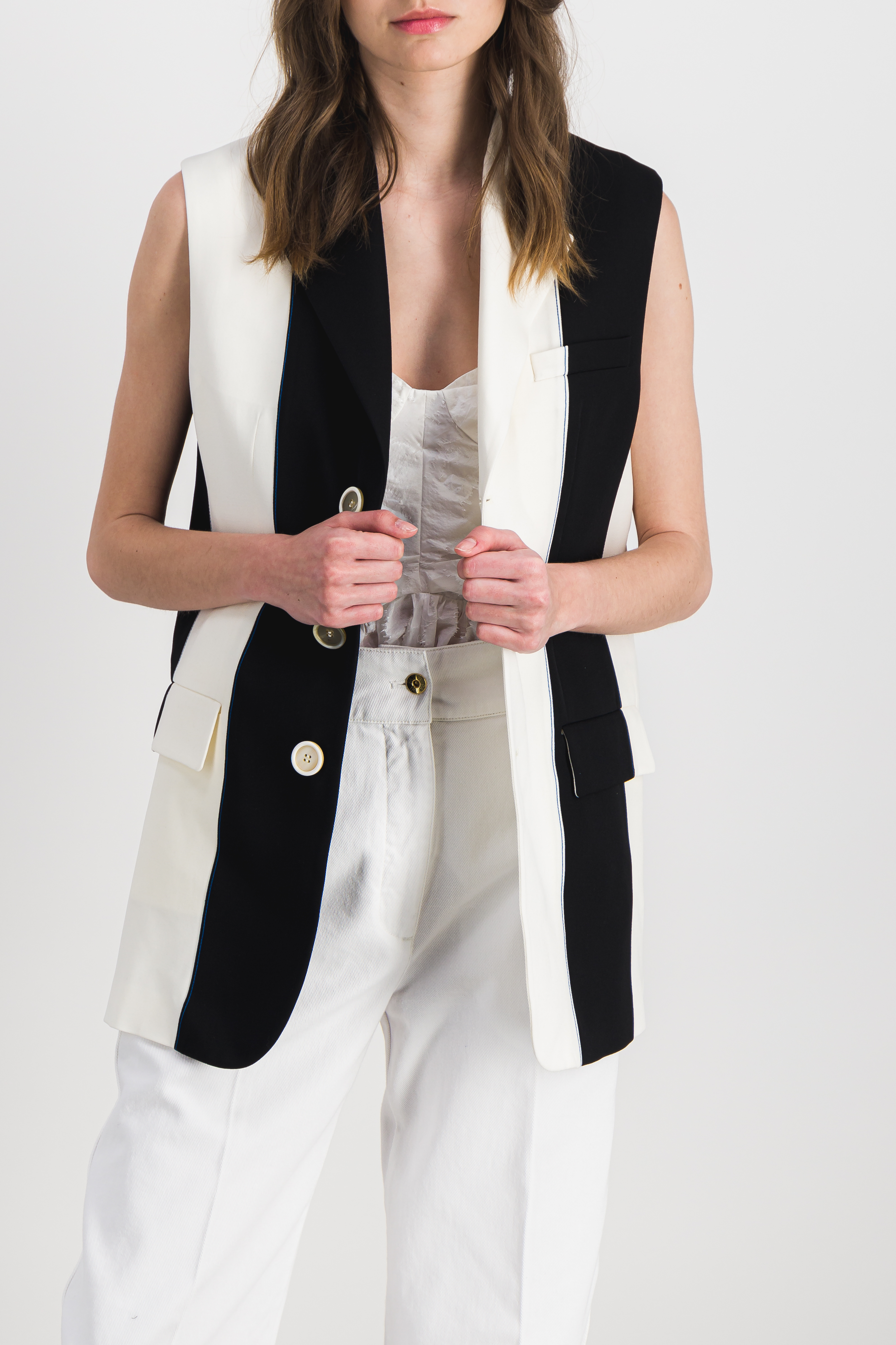 Shop Marni Sleeveless Color-blocking Striped Jacket In Black