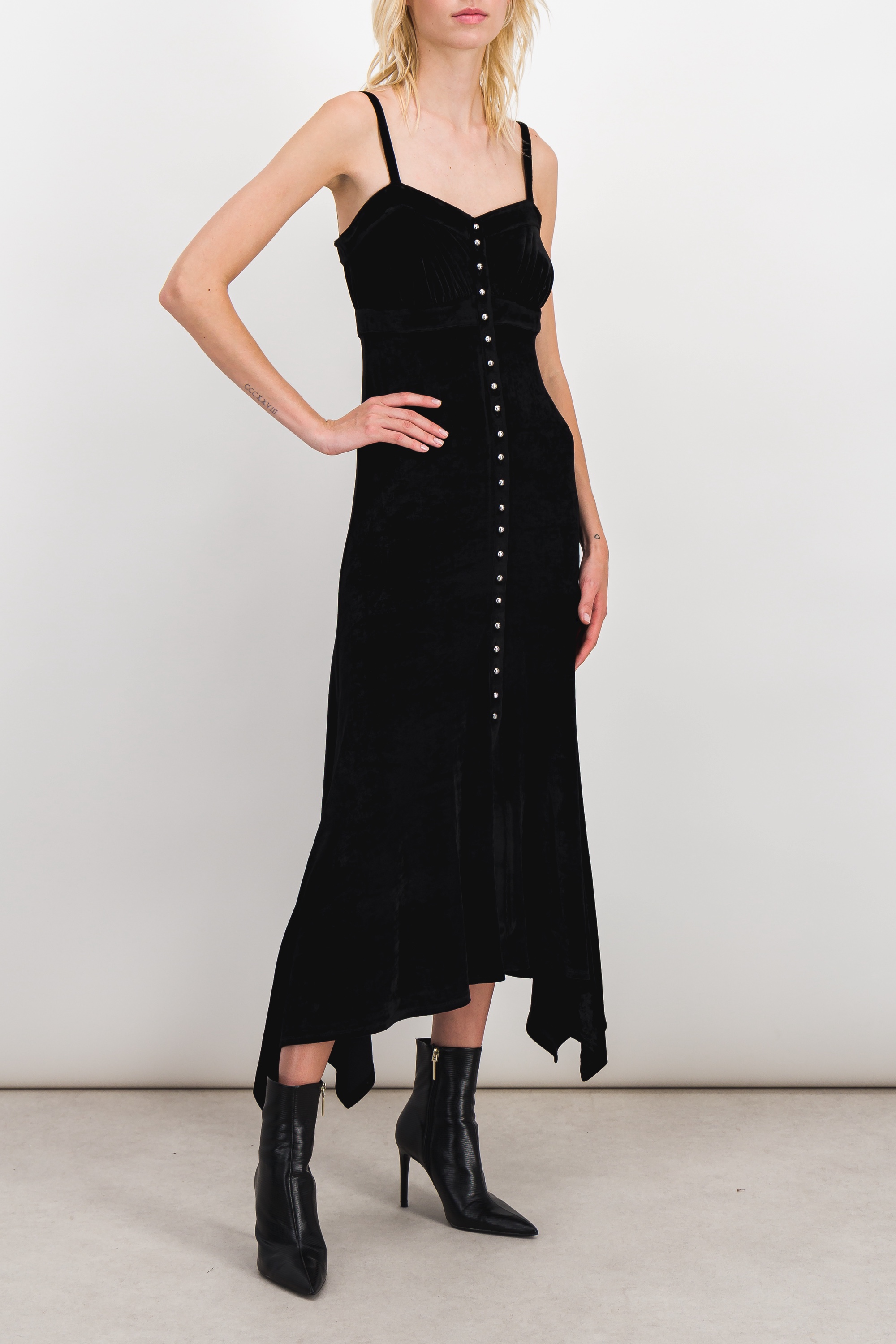 Rabanne Jersey Velvet Maxi Slip Dress With Handkerchief Hem In Black